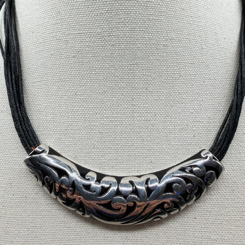 Black Multi Strand Necklace Silver Tone Scrollwork Curved Bar Boho Statement